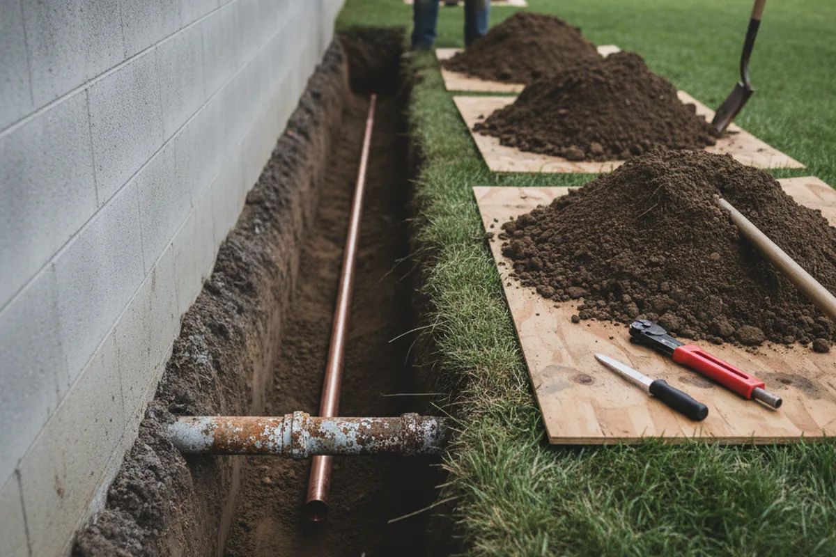 Excavated water line trench during Water Heater Repair in Fort Ripley